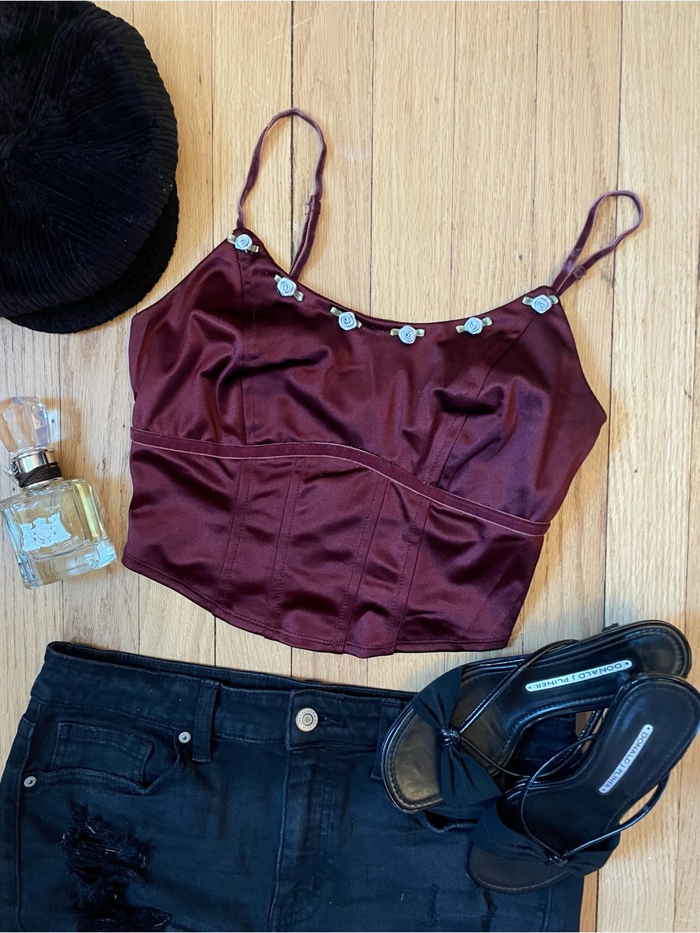 wild fable Burgundy Satin Cropped Cami with Rose Trim